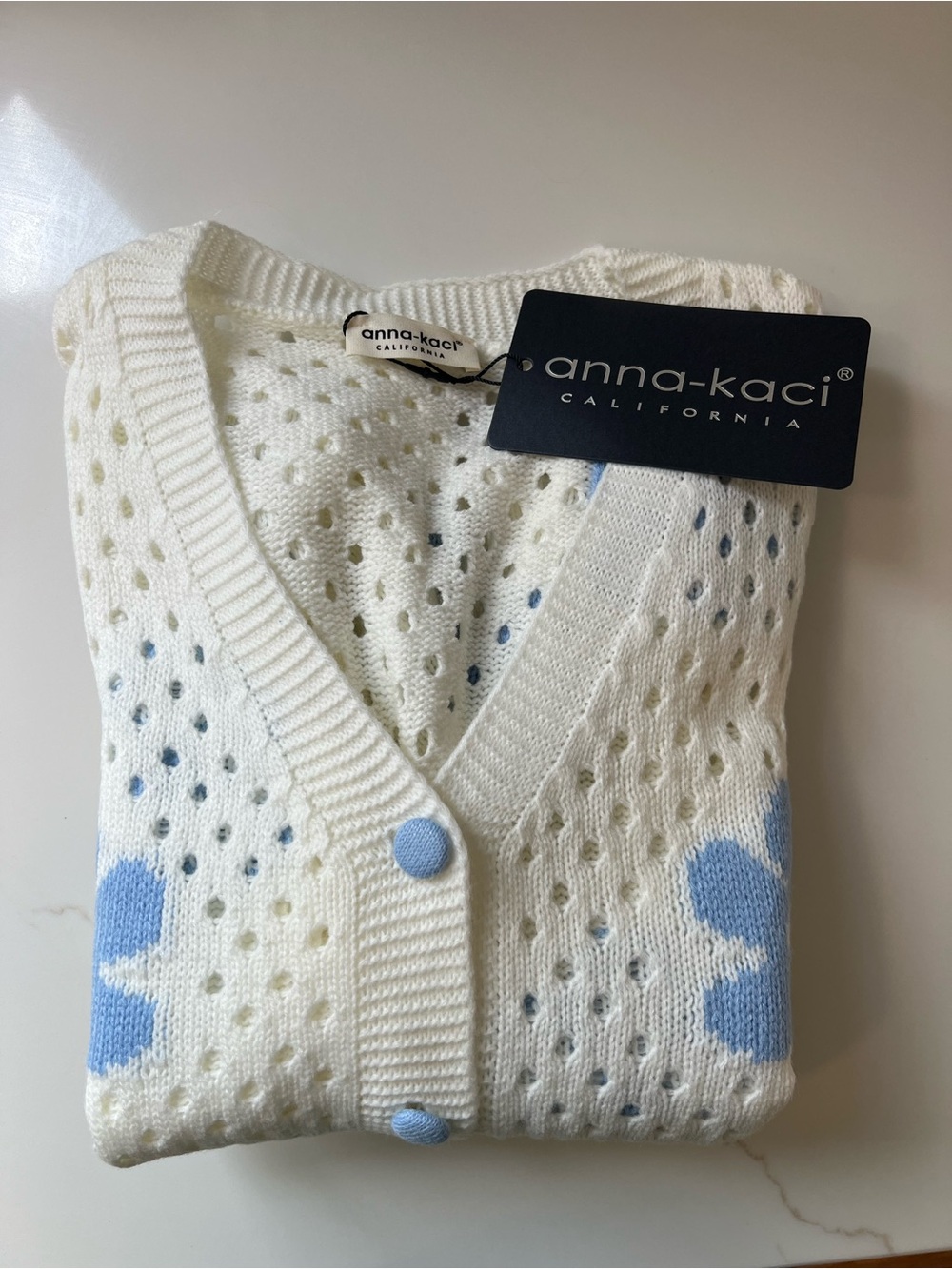 anna-kaci White V-Neck Pointelle Cardigan with Light Blue Floral Accents